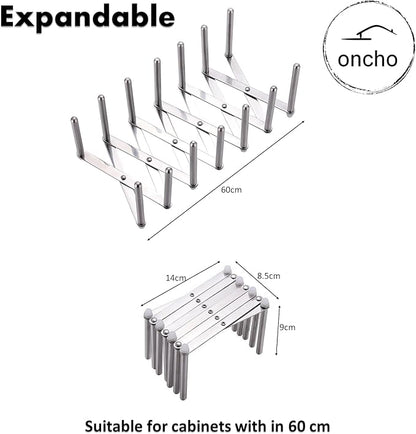 oncho Dish and Lid Drying Storage, Stainless Steel, 6 Adjustable Compartments for Kitchen Cabinets - Expandable, Adjustable and Minimalist Design (14.5x10 cm, Silver)