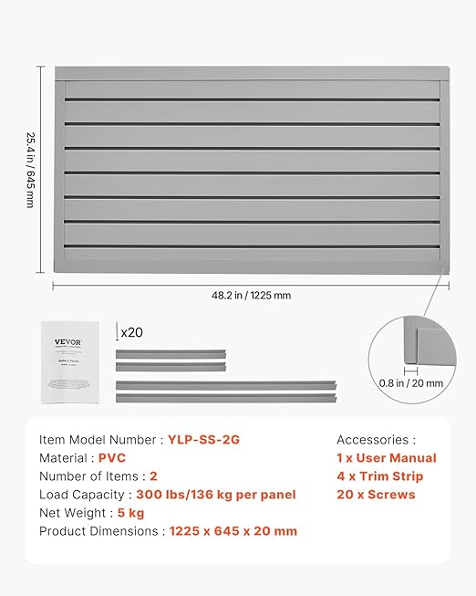 VEVOR Slat Wall Paneling, 2 x 4 ft, PVC Garage Slatwall with Modular Design, Grey Slat Wall Easy-to-Install Adjustable Slatwall Panel with Coupling Structure & DIY Cutting, Fits for Storage & Display