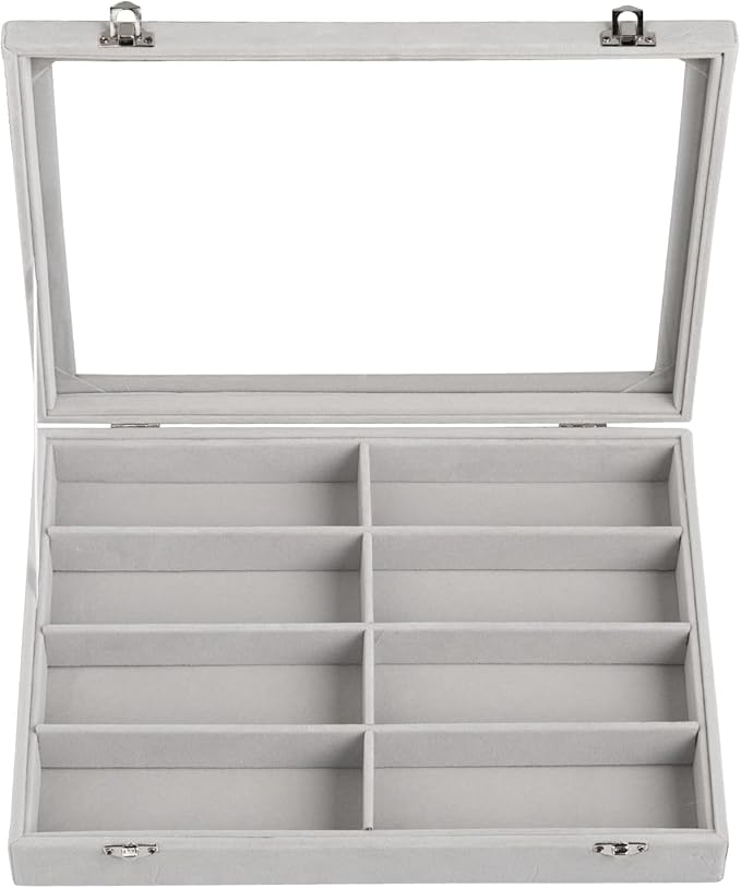 Frebeauty Sunglass Organizer,Velvet Glasses Organizer,8-Slot Sunglasses Tray with Clear Lid,Men's/Women's Sunglasses Box,Sunglass Case,13.3 x 9.6 x 2.2 Inches,Eyeglass/Eyewear Display Tray(Grey)