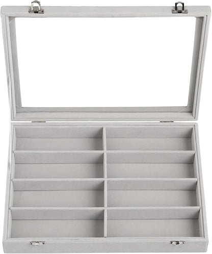 Frebeauty Sunglass Organizer,Velvet Glasses Organizer,8-Slot Sunglasses Tray with Clear Lid,Men's/Women's Sunglasses Box,Sunglass Case,13.3 x 9.6 x 2.2 Inches,Eyeglass/Eyewear Display Tray(Grey)