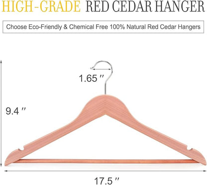 TOPIA HANGER American Red Cedar Wooden Hangers, Clothes Hangers for Closet, Wood Coat Hanger with Smooth Cut Notches, 360°Flexible Hook, Non-Slip Pants Bar,10 Pack-CT07C