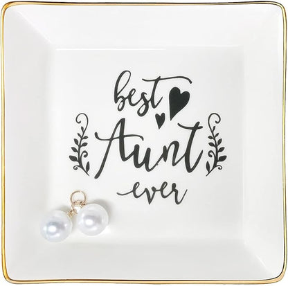 Tijeyi Aunt Gifts Best Aunt Ever Birthday Gift for Women Auntie from Niece and Nephew Mothers Day Christmas Jewelry Dish Ceramic Trinket Trays Ring Holder Bathroom Decor