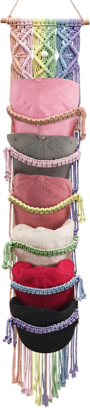 KaloKalo Macrame Cap Holder Boho Hat Hangers Over Door Decorative Bohemian Handmade Ball Cap Rack Organizer Colorful Woven Wall Hanging for Baseball Cap Display Decorations (Rainbow, Up to 12 Caps)