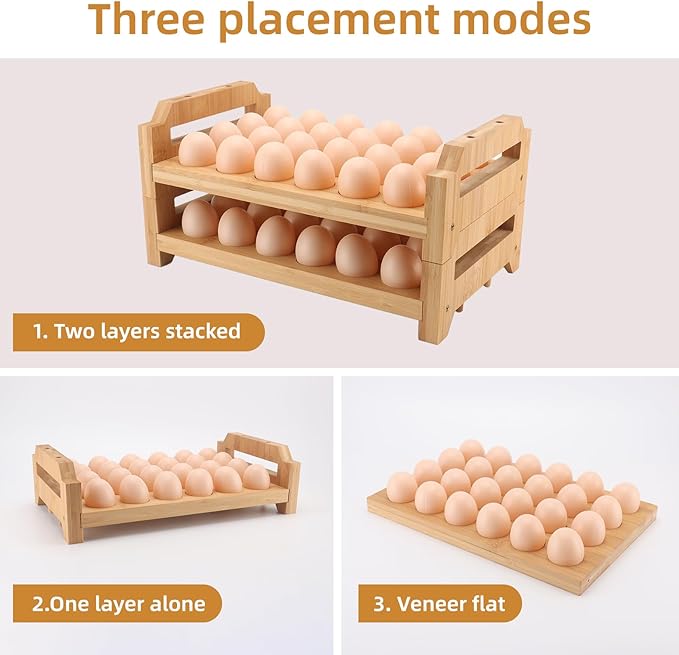 48 Egg Holder Countertop 2-Tier Stackable Bamboo Egg Tray with Anti-Slip Pads/Ventilation Design, Kitchen Counter Display Fresh Eggs Storage Organizer for Chicken/Duck/Turkey Eggs