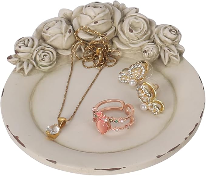 S-MANTIS Vintage Tray Antique Trinket Dish, Round Small, Rings Earrings Holder with Sophisticated 3D Floral Decoration, Mini Storage Organizer, Gift, Aesthetic Room Decor (Distressed White Flower)