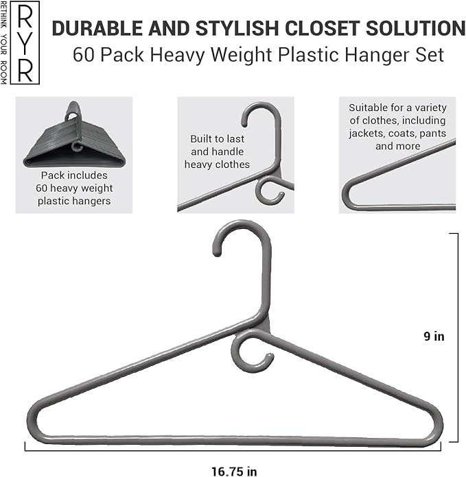Rethink Your Room Clothes Hangers 60 Pack Plastic - Heavy Duty Space Saving Coat, Velvet Hangers, Pant Hangers for Closet Organization - Durable Non-Slip Warsaw Grey Wardrobe Essentials Bulk Storage