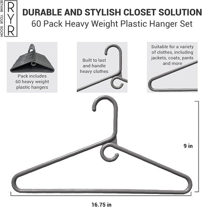 Rethink Your Room Clothes Hangers 60 Pack Plastic - Heavy Duty Space Saving Coat, Velvet Hangers, Pant Hangers for Closet Organization - Durable Non-Slip Warsaw Grey Wardrobe Essentials Bulk Storage