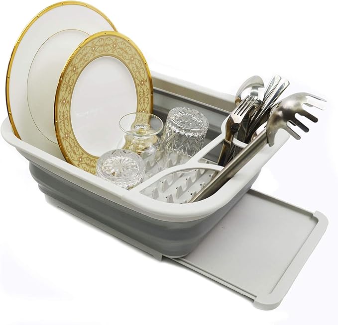 SAMMART Collapsible Dish Drainer with Drainer Board - Foldable Drying Rack Set - Portable Dinnerware Organizer - Space Saving Kitchen Storage Tray (1, Grey)