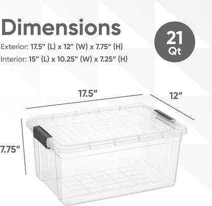 Superio Clear Storage Boxes with Lids, 21 Quart Plastic Container Bins for Organizing, Stackable Crates, BPA Free, Non Toxic, Odor Free, Organizers for Home, Office and Dorm, 8 Pack