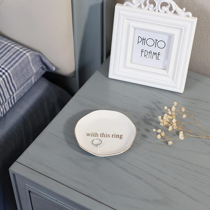 VINCOMIC Engagement Wedding Ring Dish-With This Ring Jewelry Dish Tray-Gifts for Bride, Bride to be, Newlyweds, Ceramic White