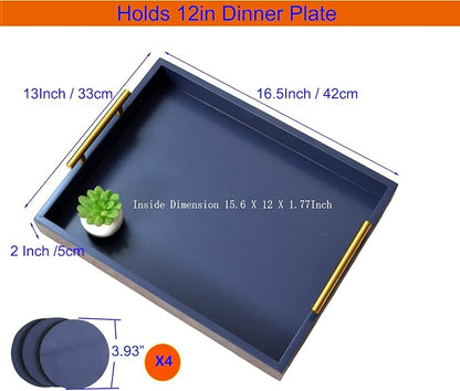 Decorative Tray with Polished Silver Metal Handles, Living Room Bathroom Coffee Bar Organizer Modern Tray for Decorative Accent Tray for Storage and Display (Sea Blue)