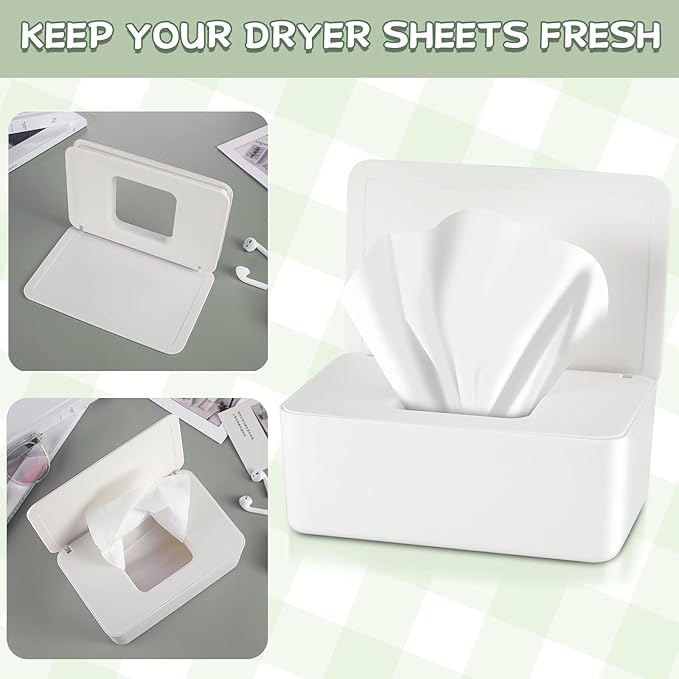 Dryer Sheet Holder with Hinged Lid,Plastic Dryer Sheet Dispenser Container Storage Box Fabric Softener Sheets Holder for Laundry Room Decor(White)