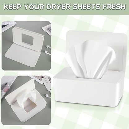 Dryer Sheet Holder with Hinged Lid,Plastic Dryer Sheet Dispenser Container Storage Box Fabric Softener Sheets Holder for Laundry Room Decor(White)