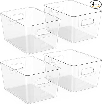 BALEINE Clear Plastic Storage Bins, Pantry Organization, BPA Free Stackable Refrigerator Organizers and Storage with Handles for Kitchen Fridge Cabinet Bathroom (4PK, 9.5x5.5x4.5)