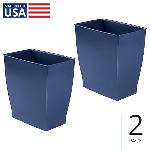 iDesign Small Plastic Bathroom Trash Can, Slim Rectangle Garbage Bin for Bedroom, Office, Dorm, 2-Pack, Navy Blue