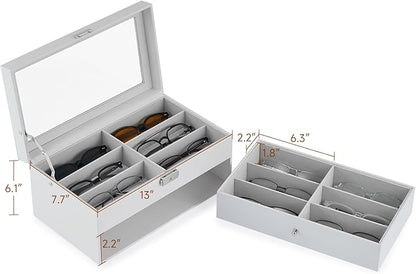CO-Z Sunglasses Organizer with 12 Slots, Leather Eyeglasses Storage Box for Women Men, 2 Story Lockable Display Case for Multiple Glasses, Sunglasses Jewelry Collection Holder with Drawer, White