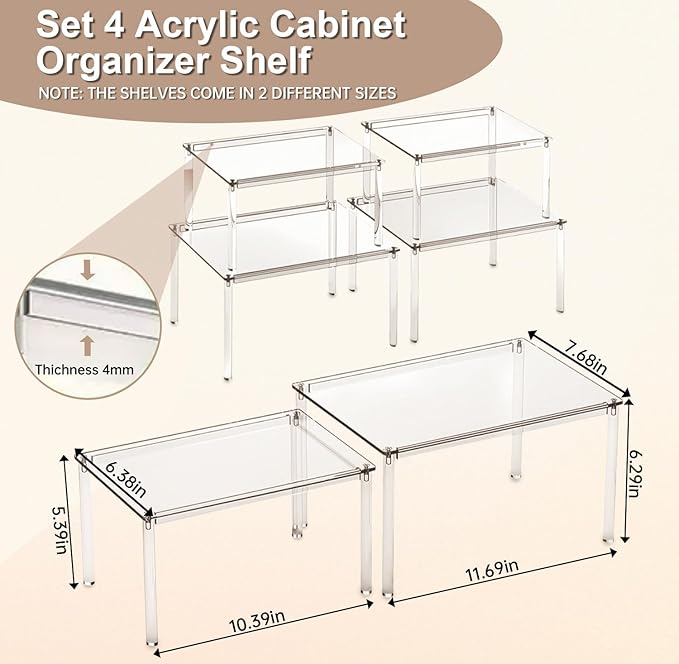 Clear Kitchen Cabinet Organizer, Set of 4 Acrylic Shelves Organizer for Pantry Organizers and Storage, Tiered Spice Organization for Cabinet, Stackable Cabinet Organizer Shelf for Desk Countertop