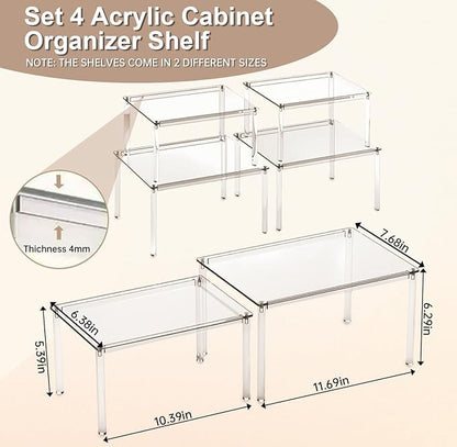 Clear Kitchen Cabinet Organizer, Set of 4 Acrylic Shelves Organizer for Pantry Organizers and Storage, Tiered Spice Organization for Cabinet, Stackable Cabinet Organizer Shelf for Desk Countertop