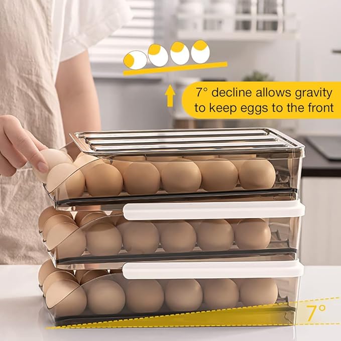 OnDisplay Stackable Acrylic Gravity Egg Tray Holder for Fridge - Food-Safe PET Refrigerator Storage Bin for Eggs (Brown, Set of 3 Trays)