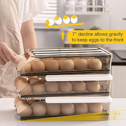 OnDisplay Stackable Acrylic Gravity Egg Tray Holder for Fridge - Food-Safe PET Refrigerator Storage Bin for Eggs (Brown, Set of 3 Trays)