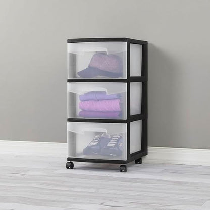 Sterilite 4-Pack 3-Drawer Rolling Plastic Storage Cart, Black Frame and Clear Drawers – Home, Office, or Dorm Portable Organizer with Removable Wheels