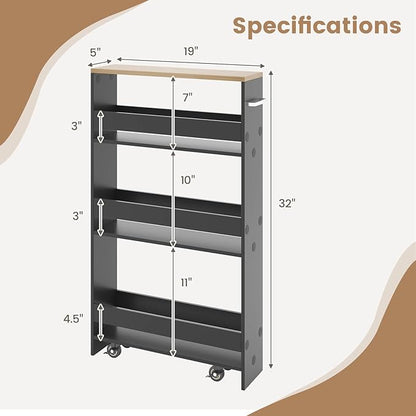 LOKO Slim Storage Cart, 4-Tier Rolling Cart with Handle & Wooden Top for Kitchen Bathroom Laundry Living Room Narrow Small Spaces, 5 Inches Width (Grey & Natural)