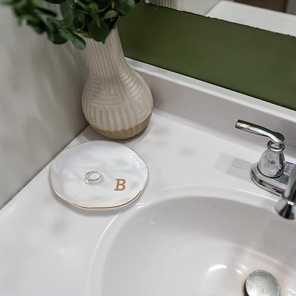 VINCOMIC Initials Ring Dish Jewery Tray with Personalized B-Monogrammed Gifts Wedding Engagement for Women Friends sister,Ceramic White