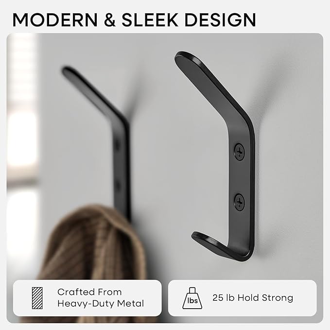 Homeforia Wall Coat Hook Rack - Set of 6 - Black Metal Hooks for Hanging Coats - Hat Hooks - Hat Hangers for Wall
