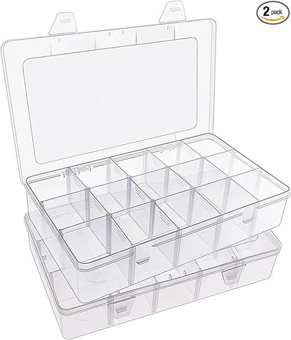 SGHUO 2 Pack 15 Girds Bead Organizer, Large Clear Plastic Organizer Box with Adjustable Dividers for Beads, Art DIY, Crafts, Jewelry, Fishing Tackle with Label Stickers
