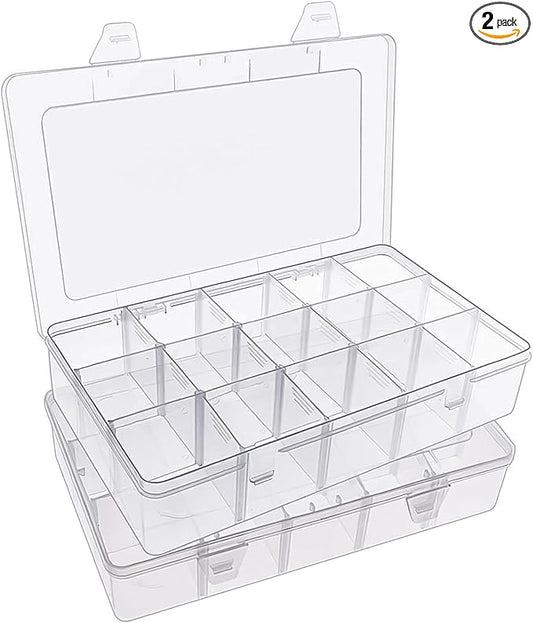 SGHUO 2 Pack 15 Girds Bead Organizer, Large Clear Plastic Organizer Box with Adjustable Dividers for Beads, Art DIY, Crafts, Jewelry, Fishing Tackle with Label Stickers