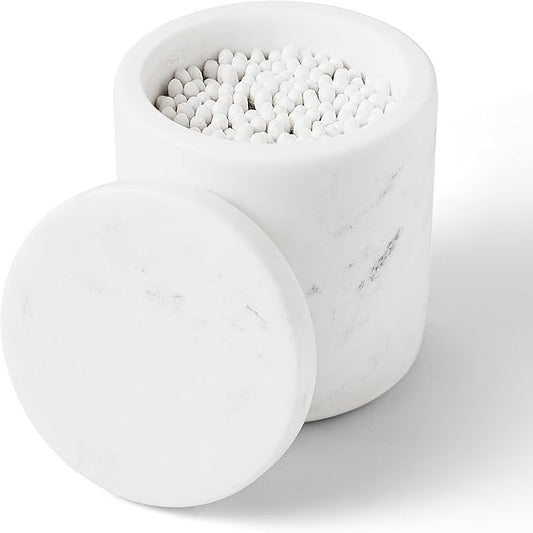 WORHE Marble Qtip Holder with Lid Natural Cotton Ball Container for Cotton Swabs,Makeup Sponges,Bath Salt Large Capacity Bathroom Canisters Jars for Countertop Storage and Organization White (WH051)