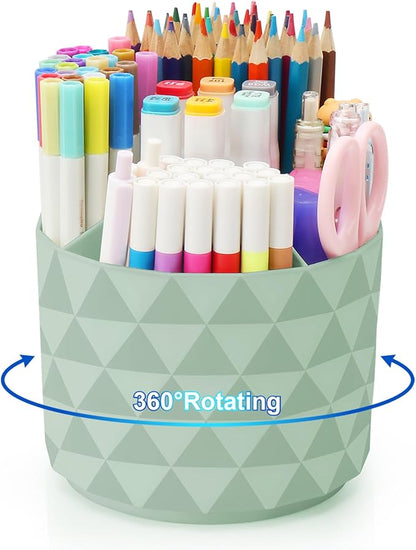 Desk Organizer, 360-Degree Rotating Pencil Pen Holders For Desk, Diamond Pattern Pen Organizer With 5 Compartments, Cute Desk Accessories Decor For Office, School,Home,Art Supply (Green)