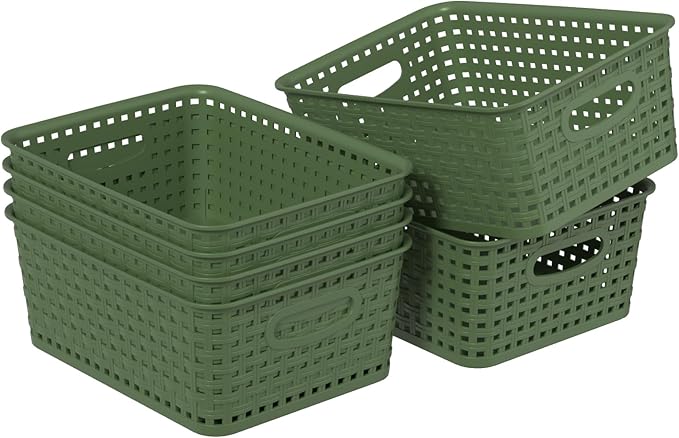 6 Packs Plastic Organizer Shelf Baskets, Desktop Weave Storage Basket, Green Storage Baskets for Cabinet, Pantry
