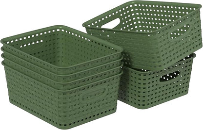 6 Packs Plastic Organizer Shelf Baskets, Desktop Weave Storage Basket, Green Storage Baskets for Cabinet, Pantry