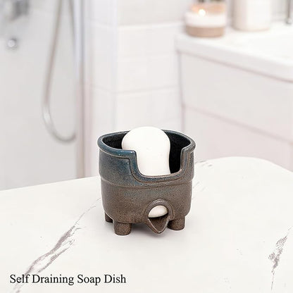 wowhalolo Ceramic Sponge Holder with Drainage, Farmhouse Sink Caddy Organizer, Self Draining Design for Sponges,Soap,Brushes, Compact Rustic Kitchen Accessory, Keeps Counter Dry（Country Blue）