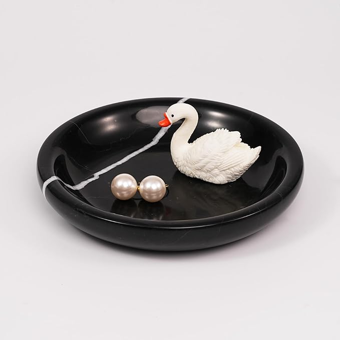 LWALMS Trinket Marble Jewelry Tray - Stone Ring Key Purse Holder Dish, Small Cute Round Plate Decorative Bowl for Nightstand Entryway Coffee Table Decor (5.5 inch)