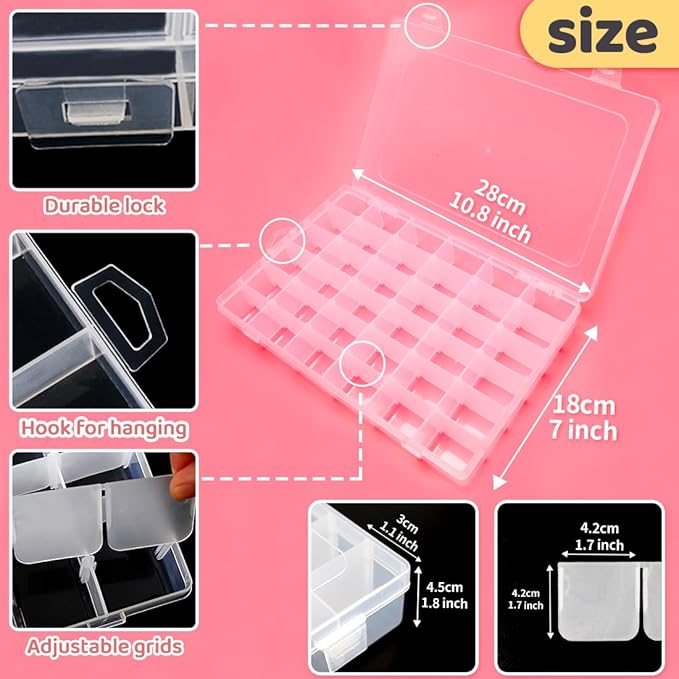 IOOLEEM 36 Grids Plastic Bead Organizer Box, Adjustable Dividers, Sewing storage, Organizer Container Storage Box, Dividers for bead arts and crafts.
