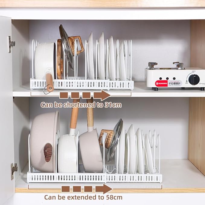 WUETOAYA Expandable Pots and Pans Organizer Rack, Pot Lid Kitchen Cabinet Organizer Holder with 10 Adjustable Compartment, Cookware Rack for Kitchen Cabinet Storage, White