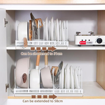 WUETOAYA Expandable Pots and Pans Organizer Rack, Pot Lid Kitchen Cabinet Organizer Holder with 10 Adjustable Compartment, Cookware Rack for Kitchen Cabinet Storage, White