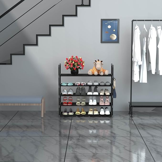 5 Tiers Metal Shoe Rack,Adjustable Shoe Shelf Storage Organizer with Hooks,Stackable Boot & Shoe Storage,for Entryway,Hallway,Closet,Black