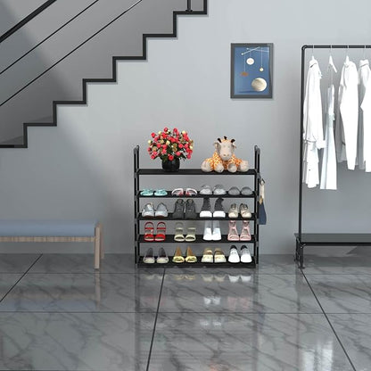 5 Tiers Metal Shoe Rack,Adjustable Shoe Shelf Storage Organizer with Hooks,Stackable Boot & Shoe Storage,for Entryway,Hallway,Closet,Black