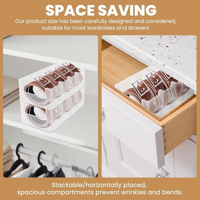 Acrylic Belt Organizer, 2 Pack Clear Stackable Belt Holder for Closet Drawer Storage 4 Compartments with Removable Dividers, Multi-Purpose Display Bins with Inserts for Ties,Socks