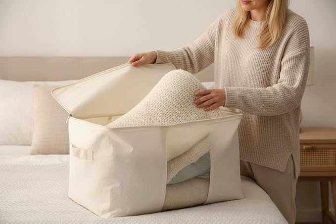 Soft Large Canvas Comforter Storage Bags with Four Carrying Handles and Clear Window, Closet Organizer for Clothing, Blankets Sheets Pillows and Bedding, 80L, 2 Pack, White