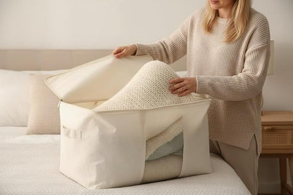 Soft Canvas Clothes Storage Bags with Four Carrying Handles and Clear Window, Closet Organizer for Clothing, Blankets Sheets Pillows and Bedding, 55L, 3 Pack, White