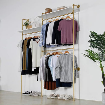 Industrial Pipe Clothing Rack Wall Mounted, Heavy Duty Hanging Clothes Rack Clothing Store Display Stands Garment Rack Closet System, 2 Tier Wood Garment Rack (Gold, 96.5x80.7inch)