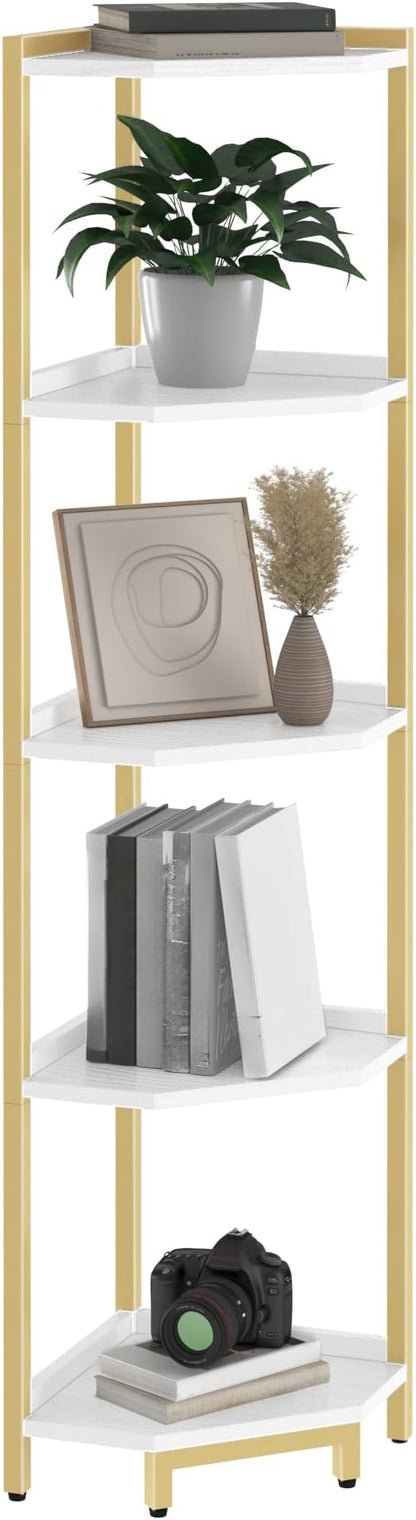 Corner Shelf Stand, Corner Bookshelf, Storage Standing Shelf Unit with Metal Frame, Plant Stand, Corner Bookcase for Living Room, Home Office, Bedroom, 5-Tier White Gold CS05903A