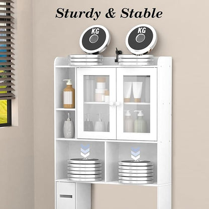 OGEMXU Over The Toilet Storage Cabinet, Behind Toilet Bathroom Organizer with Transparent Doors, Home Space-Saving Above Toilet Shelf Rack, for Bathroom, Restroom, Laundry (White)