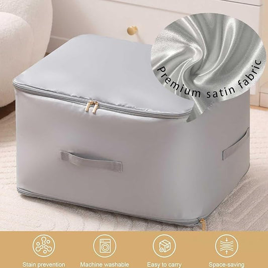 Ultra Space Saving Self Compression Organizer, 3-Layer Zipper Large Capacity Storage Bag, Thick Satin Fabric Heavy Duty Bags for Comforters Blankets Bedding Duvet (Gray, X-Large, 21x17x24in)