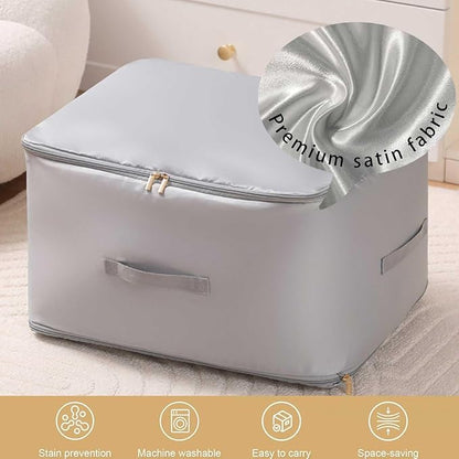 Ferinnly Ultra Space Saving Self Compression Organizer, 3-Layer Zipper Large Capacity Blanket Bags, Thickend Satin Fabric Comforter Storage Bag for Comforters, Clothes, Blankets (X-Large, Gray, 2PCS)