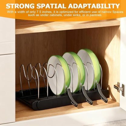 DiQiRenQin Pot and Pan Organizer, Expandable Pan Organizer for Cabinet, Pot Lid Holder with 10 Adjustable Compartments for Kitchen Cabinet Cookware Baking Frying Rack(Black)